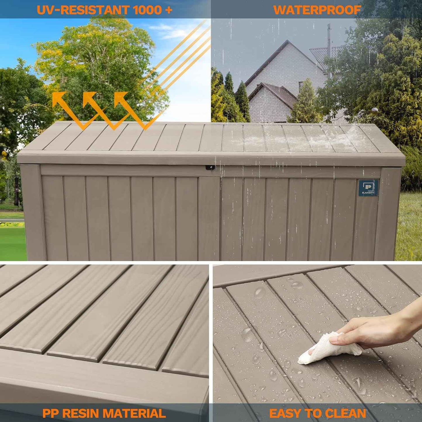 120 Gallon Large Outdoor Storage Box, Durable Deck Boxes Outdoor Waterproof, Resin Waterproof Deck Box for Patio Furniture Outdoor Cushions Garden Tools and Pool Storage (Light Brown, 120Gallon)