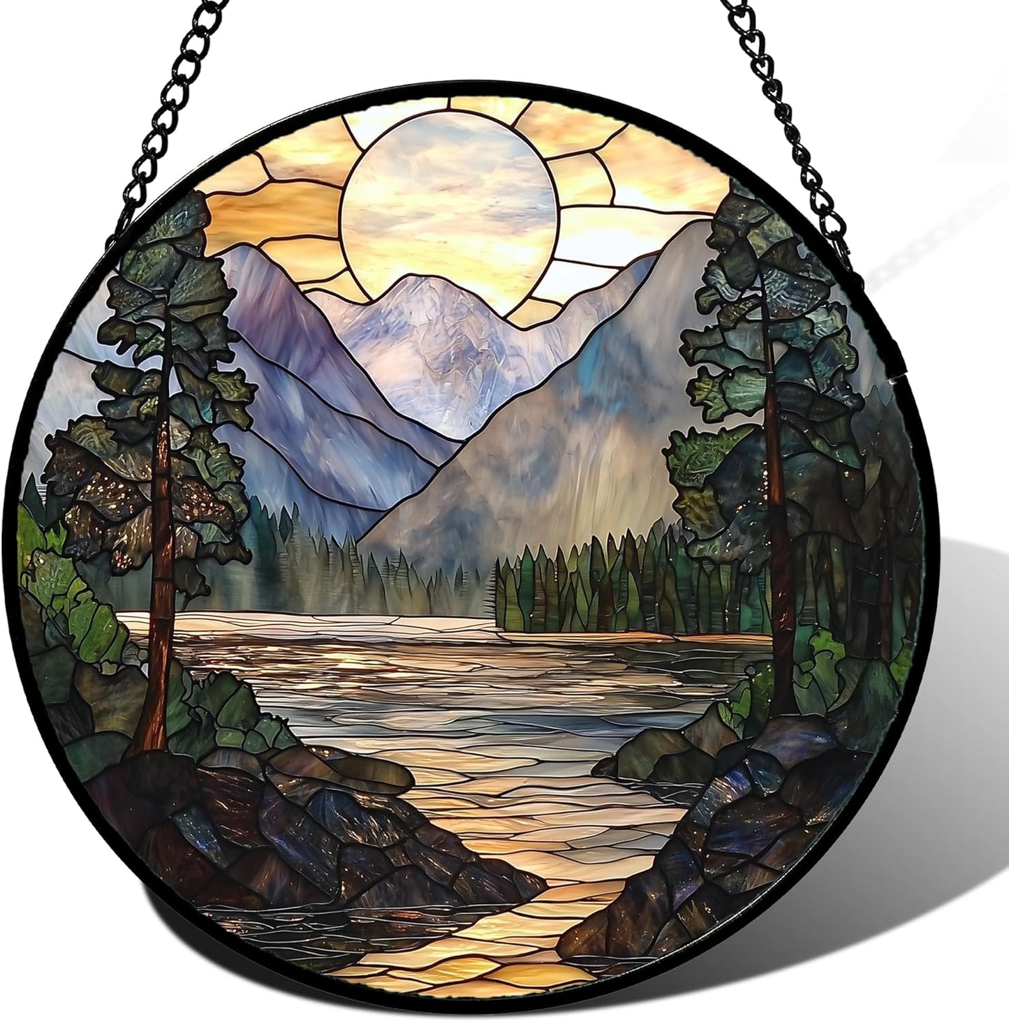 Stained Glass Window Hanging, Sunset Mountains Lake Tree Sun Catcher for Window Home Decor Landscape Suncatcher Mother's Day Birthday Gifts for Women Men Mom and Nana 6.3 in