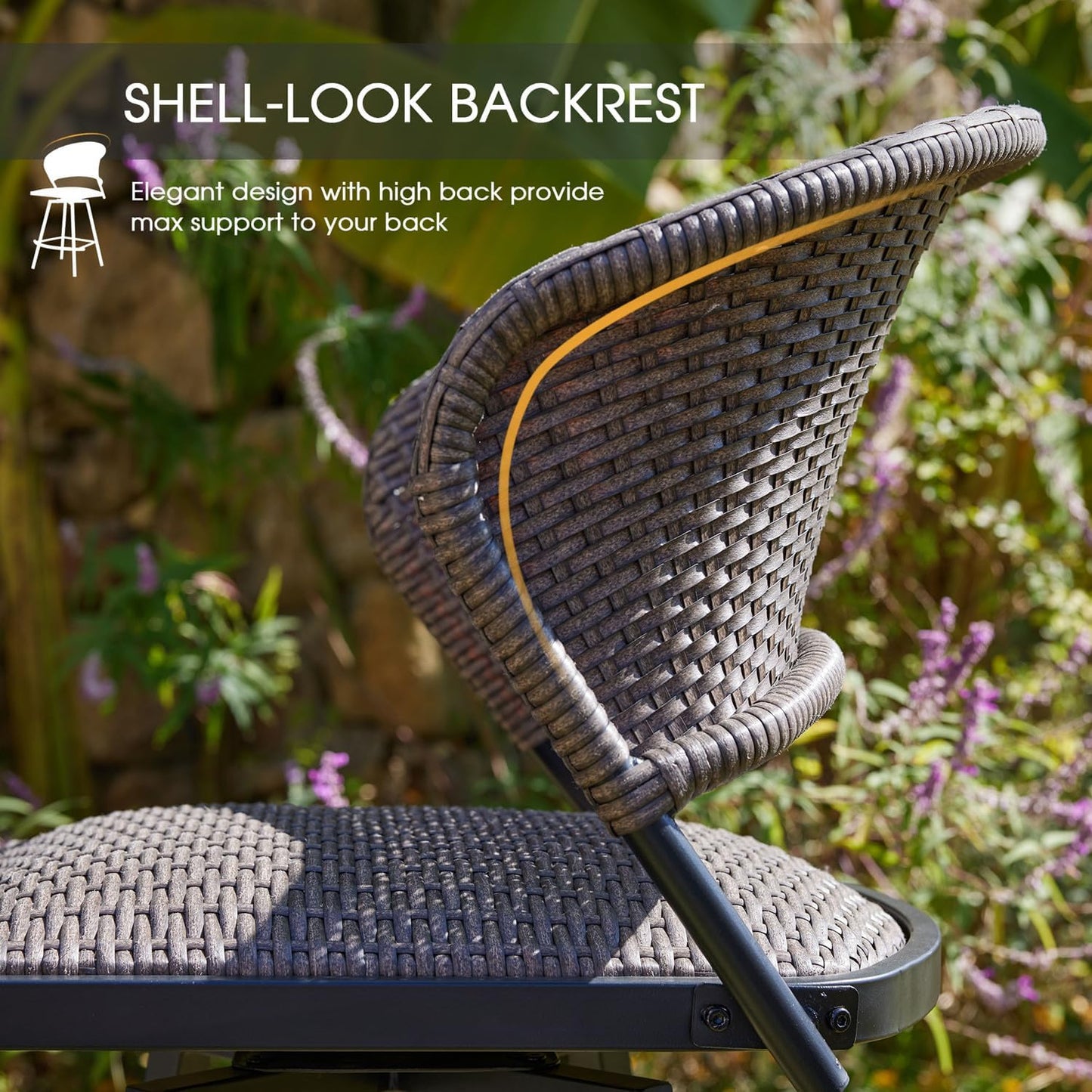 VICLLAX Patio Bar Stool Chairs with Footrests and Padded Seat, Bar Height Swivel Patio Chairs Set of 4, Brown Woven Wicker Swivel Bar Stools for Lawn Garden