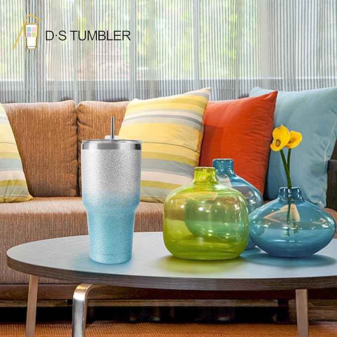 D·S 30 oz Tumbler Blue Glitter Gradient Cup Stainless Steel Double Wall Vacuum Insulated Mug with Straw and Lid, Cleaning Brush for Cold and Hot Beverages