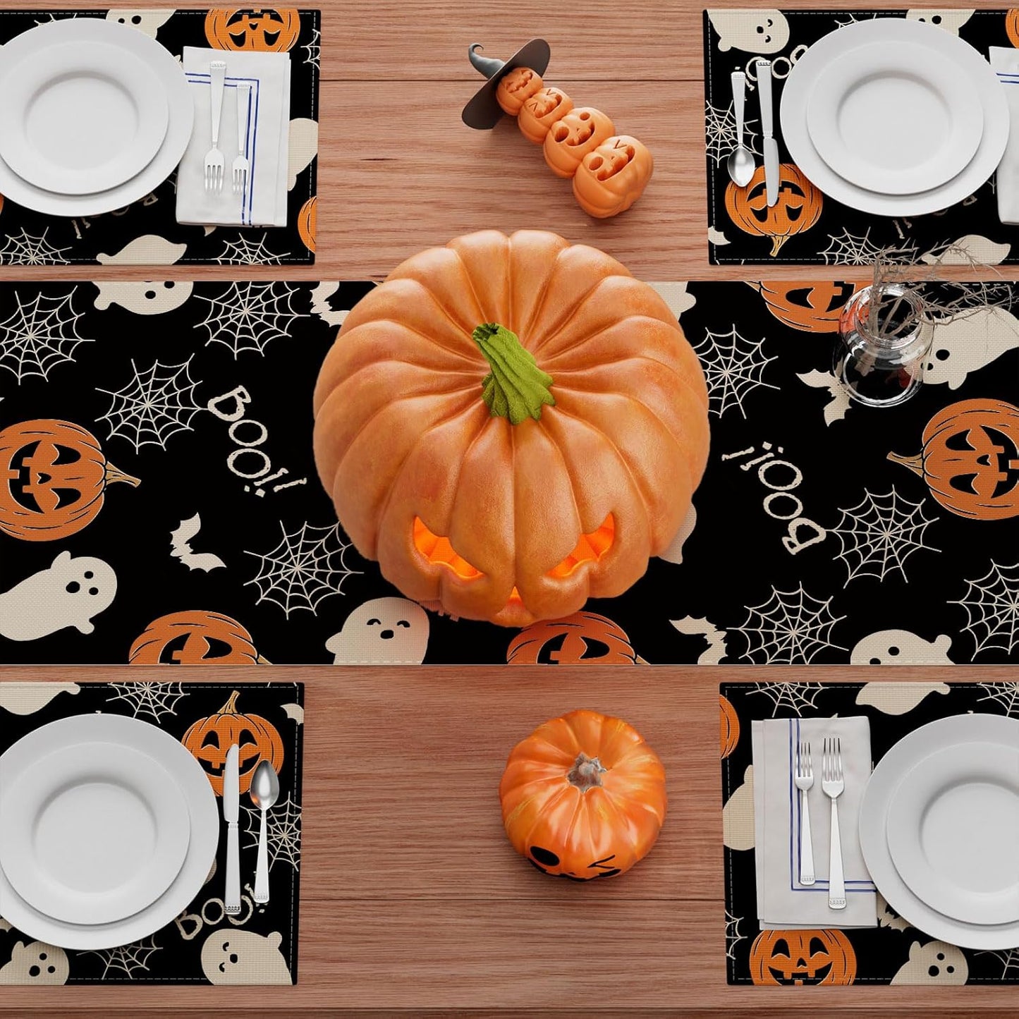 XCHI Boo Spooky Ghost Pumpkin Halloween Table Runner Burlap Table Decoration for Home Kitchen Dining Dinner Indoor Holiday Farmhouse Decor 13x108 Inch