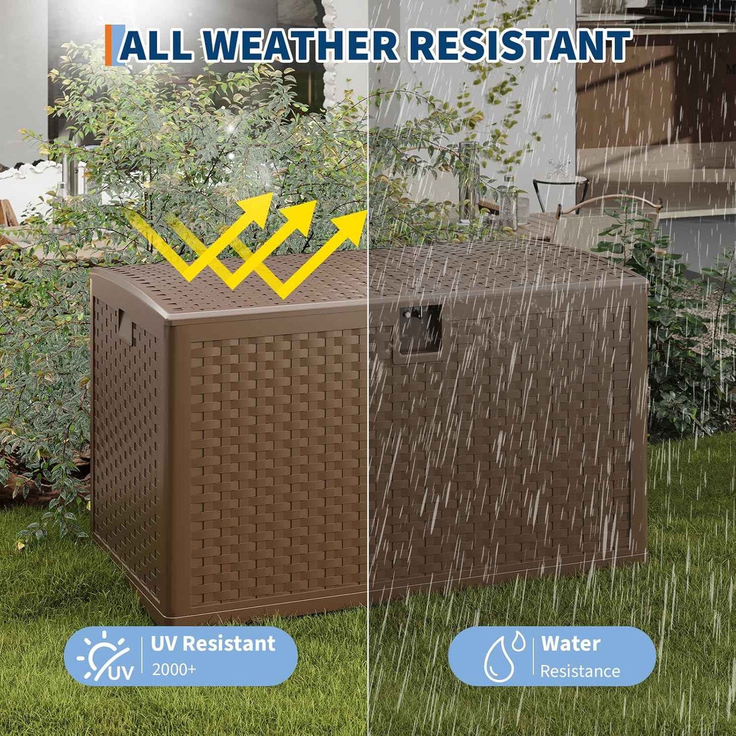120 Gallon Outdoor Deck Box, Lockable Waterproof Outdoor Resin Box with Lid, Patio Storage Bin for Patio Furniture, Garden Tools, Pool Accessories - Brown