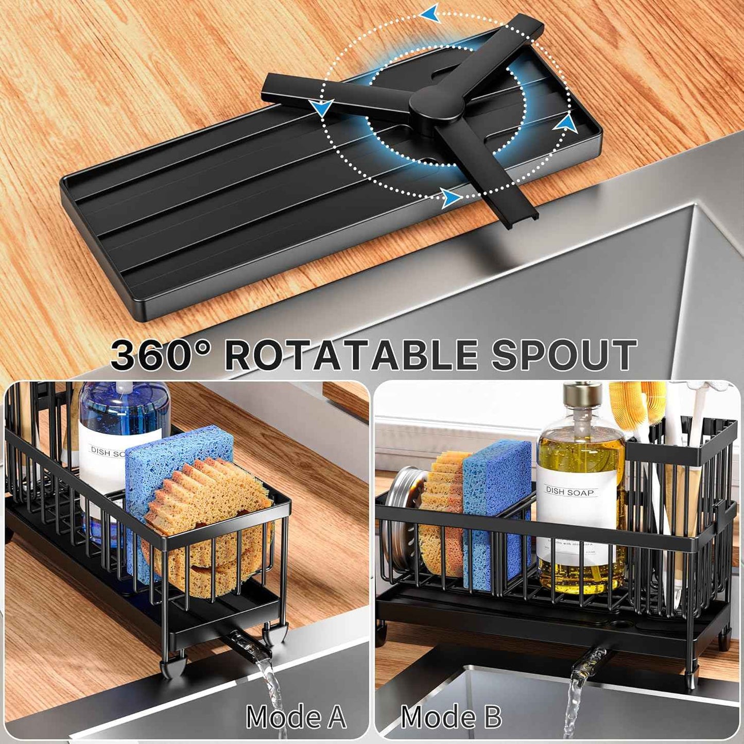 Cisily Sponge Holder for Kitchen Sink, Sink Caddy Organizer with High Brush Holder, Kitchen Countertop Organizers and Storage Essentials, Rustproof 304 Stainless Steel (Black, 9.25″)
