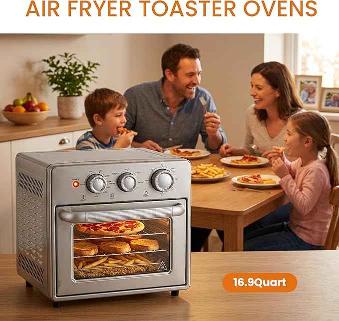 Simple Deluxe 16.9QT Air Fryer Toaster Oven Combo, 5-in-1 Countertop Convection Oven with Air Fry, Grill, Bake, Dehydrate, Up to 450°F, Stainless Steel