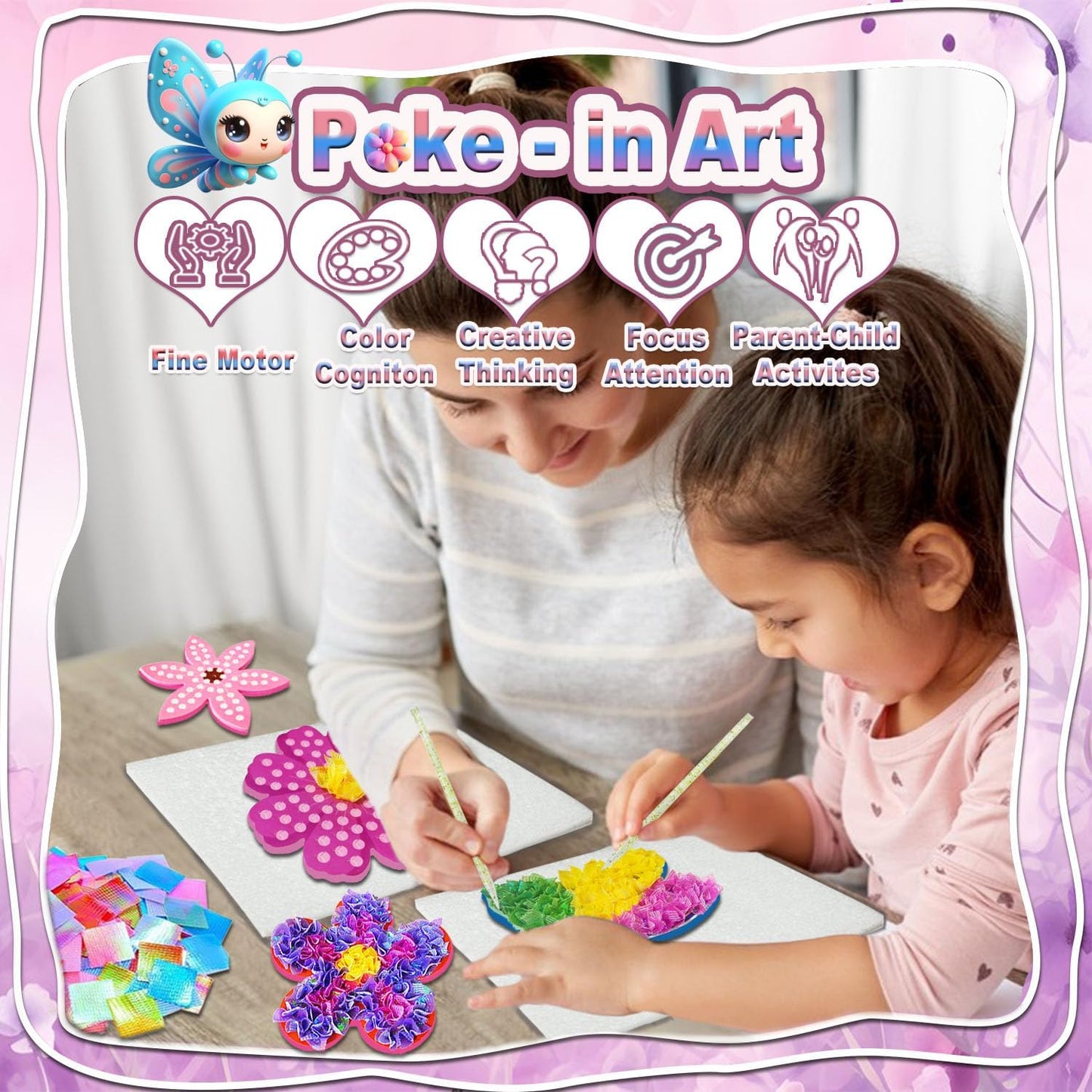 mom&myaboys Flower Bouquet Poke in Kit for Kids - Wooden DIY Craft Set Ages 4-9, No Glue Mess-Free Creative Activity, Fun Arts & Crafts Gift for Girls Boys, Preschool Classroom Birthday Party