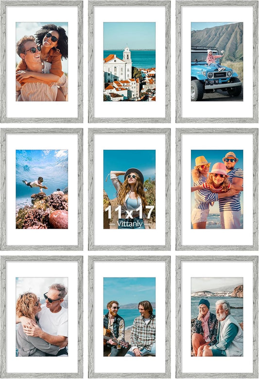 Vittanly 11x17 Picture Frames Set of 9, Shatter Resistant Plexiglass, Display 8x12 Pictures with Mat or 11x17 without Mat, Photo Frames for Wall Mount, Engineered Wood, Grey