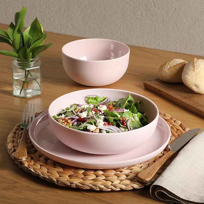 Gibson Home Candy Skies 12 Piece Unbreakable Wheat Straw Melamine Plates and Bowls Dinnerware Set - Outdoor, Camping, & Everyday Use - Matte Exterior/Shiny Interior Pink