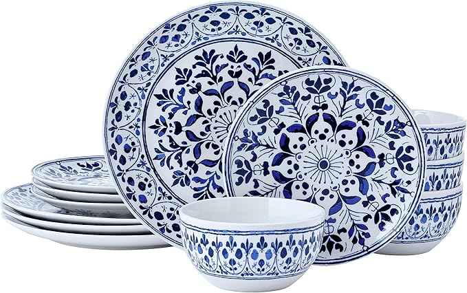 Pfaltzgraff Medallion Radiance 12 Piece Stoneware Dinnerware Plate Bowl Dish Set, Service for 4, Blue