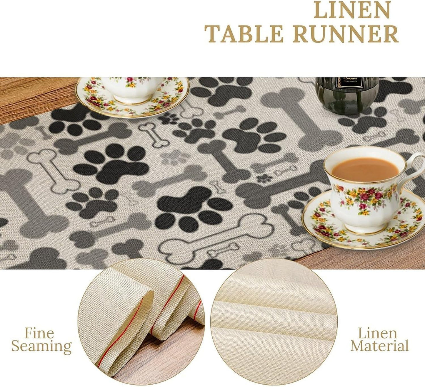 Dog Paw Table Runner,Gray Cartoon Dog Paw and Bones Puppy Dog Birthday Party Decoration Farmhouse Dining Room Kitchen Home Decor 13x36 Inch