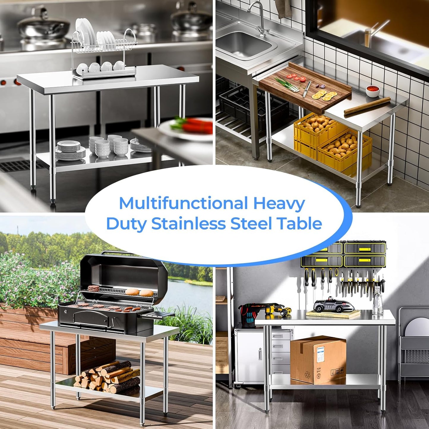 NUUK Stainless Steel Worktable 24 x 48 Inch Heavy Duty Commercial Workstation Adjustable Height Kitchen Food Prep Work Table for Restaurant, Home and Hotel