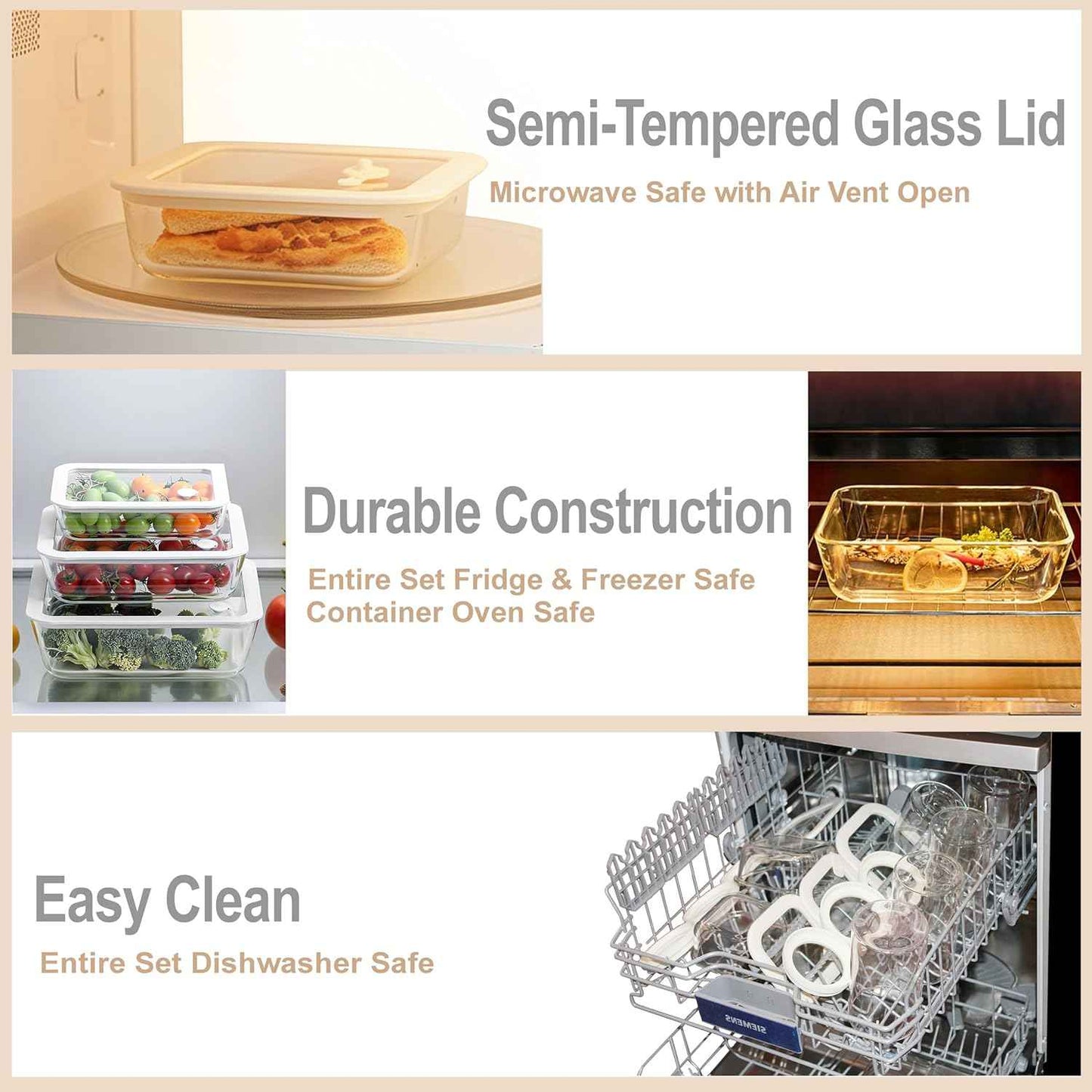 Urban Green Glass Food Container Set with Glass Lid, 3 Pack, Meal Prep Containers with Silicone Framed Airtight Lid, Leakproof, 100% Plastic Free,