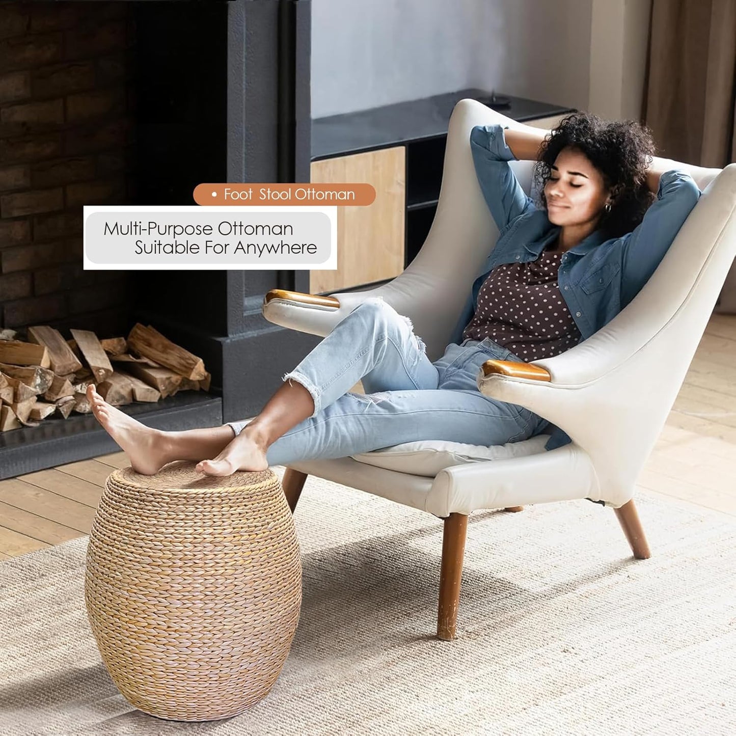 Round Poufs Ottoman,Hand Woven Natural Braided Cattail Ottomans Pouf for Patio,Home,Office,Living Room,Bedroom Indoor Outdoor Porch,Seagrass Footstool/Floor Accent Chair,Ottoman Foot Rest (Round)