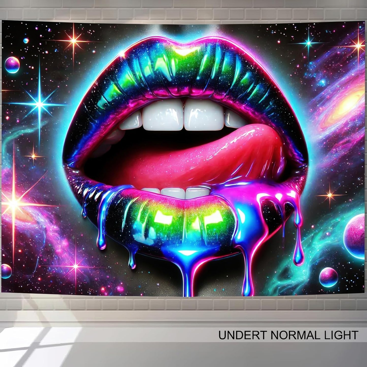 BlissYard Blacklight Tapestry UV Reactive Tapestry Wall Hanging 78x59 Inches Cosmic Rainbow Lips Wall Hanging, Fluorescent Art Decoration for Bedroom, Living Room, and Parties