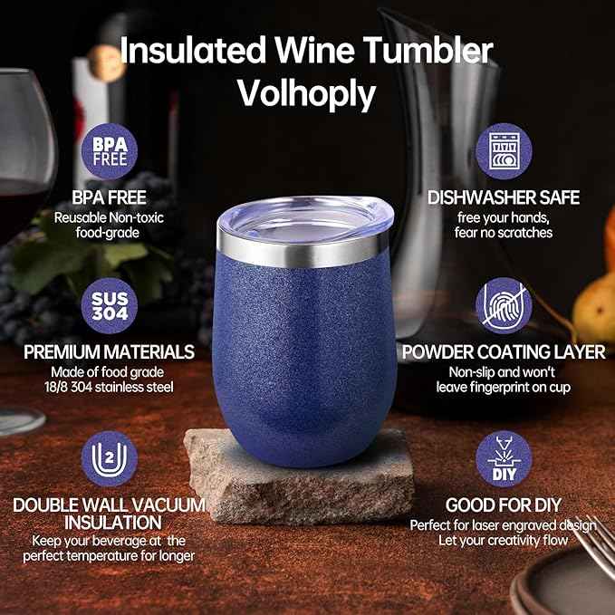 Volhoply 12oz Stainless Steel Wine Tumbler with Lid Bulk 4 Pack,Double Wall Vacuum Stemless Wine Glasses,Reusable Metal Travel Coffe Mug with Straw,Insulated Cup Gifts for Women,Christmas（Navy,4 Set）