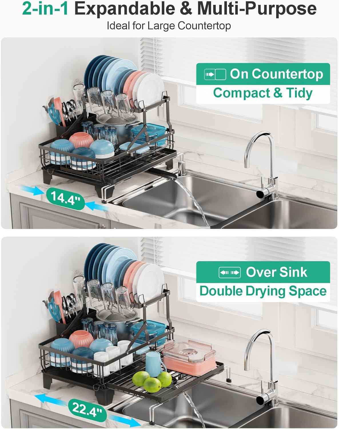 iSPECLE 2 Tier Dish Drying Rack for Kitchen Counter, Expandable Large Dish Drainer with Drainboard Set, Rust Resistant Dish Rack with Utensil & Cup Holder, 16.9" W x 14.4"-22.4" L, Black
