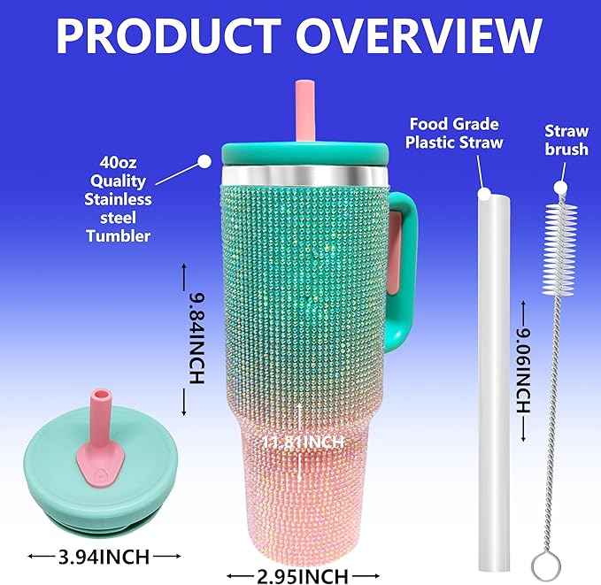 40-OZ Insulated Water Bottle,Insulated Stainless Steel Tumbler,Reusable Cold Drink Thermos,BPA-Free, Double-Wall Stainless Steel Water Bottle (Aqua Pink - Diamond, 40, Fluid Ounces, 40, Fluid Ounces)