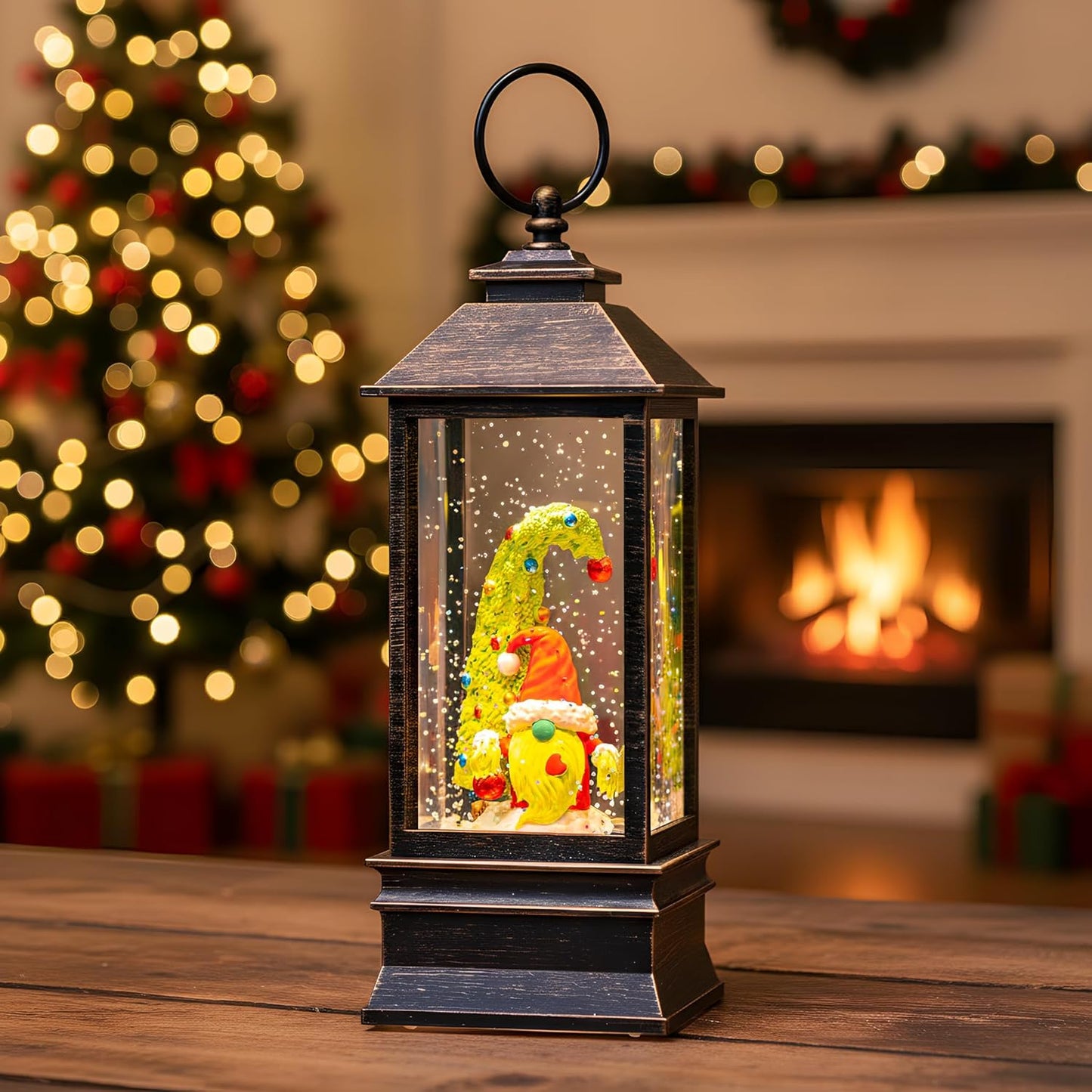 Christmas Snow Globe Lantern Water Glittering Xmas Gnome with Music, USB Lined/Battery Operated Lighted Lantern for Christmas Festival Decoration Gifts