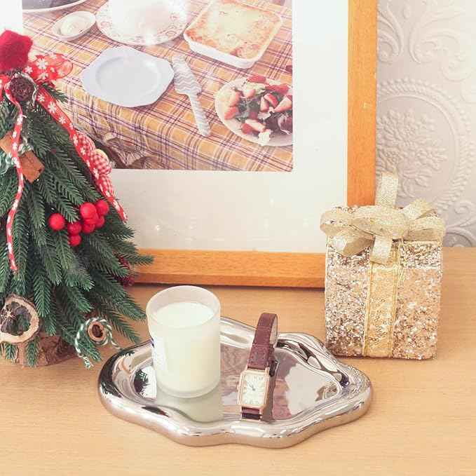CCINPPY Ceramic Jewelry Tray Trinket Dish, Decorative Cloud Vanity Key Tray for Women, Ring Holder Dish, Cute Jewelry Plate Bowl Room Decor Aesthetic, Silver, Large