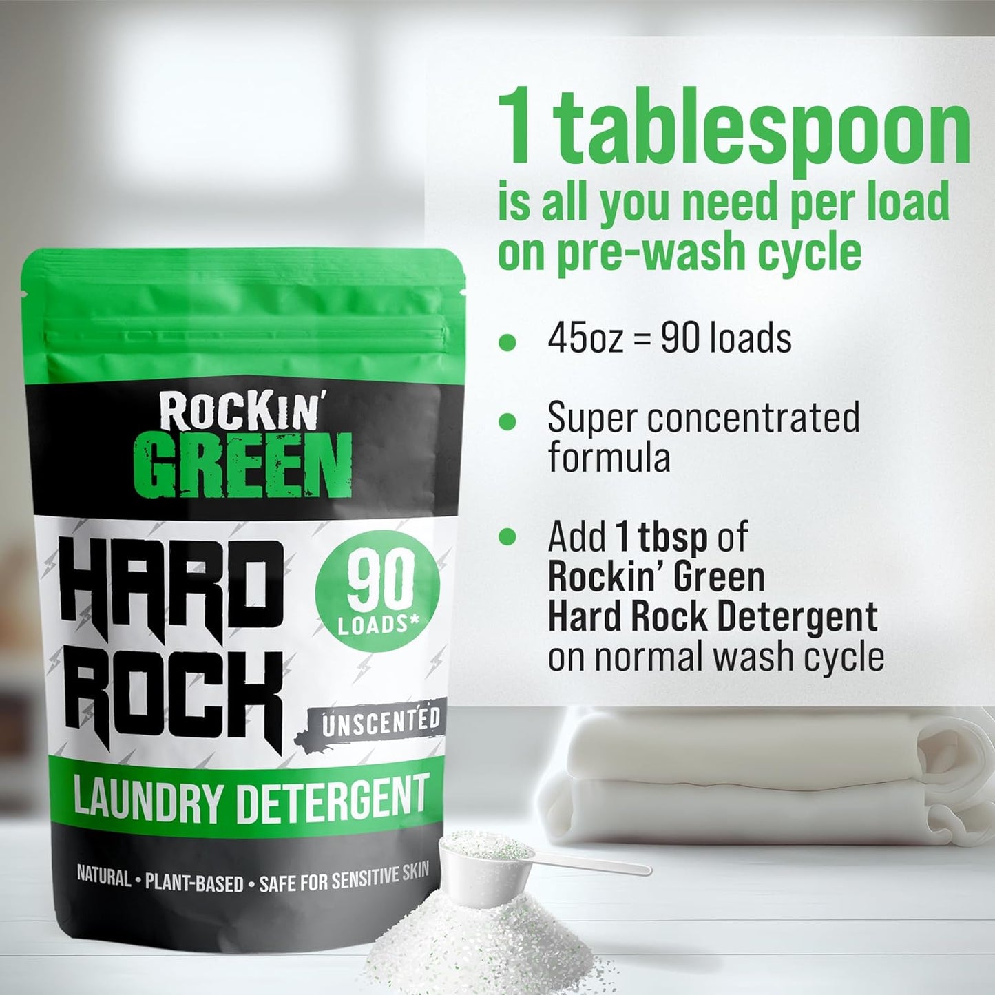 Rockin' Green Hard Rock Laundry Detergent for Hard Water (90 Loads), Plant based, Natural Laundry Detergent Powder, Biodegradable Odor Fighter, Safe for Sensitive Skin, 45 oz (Unscented)