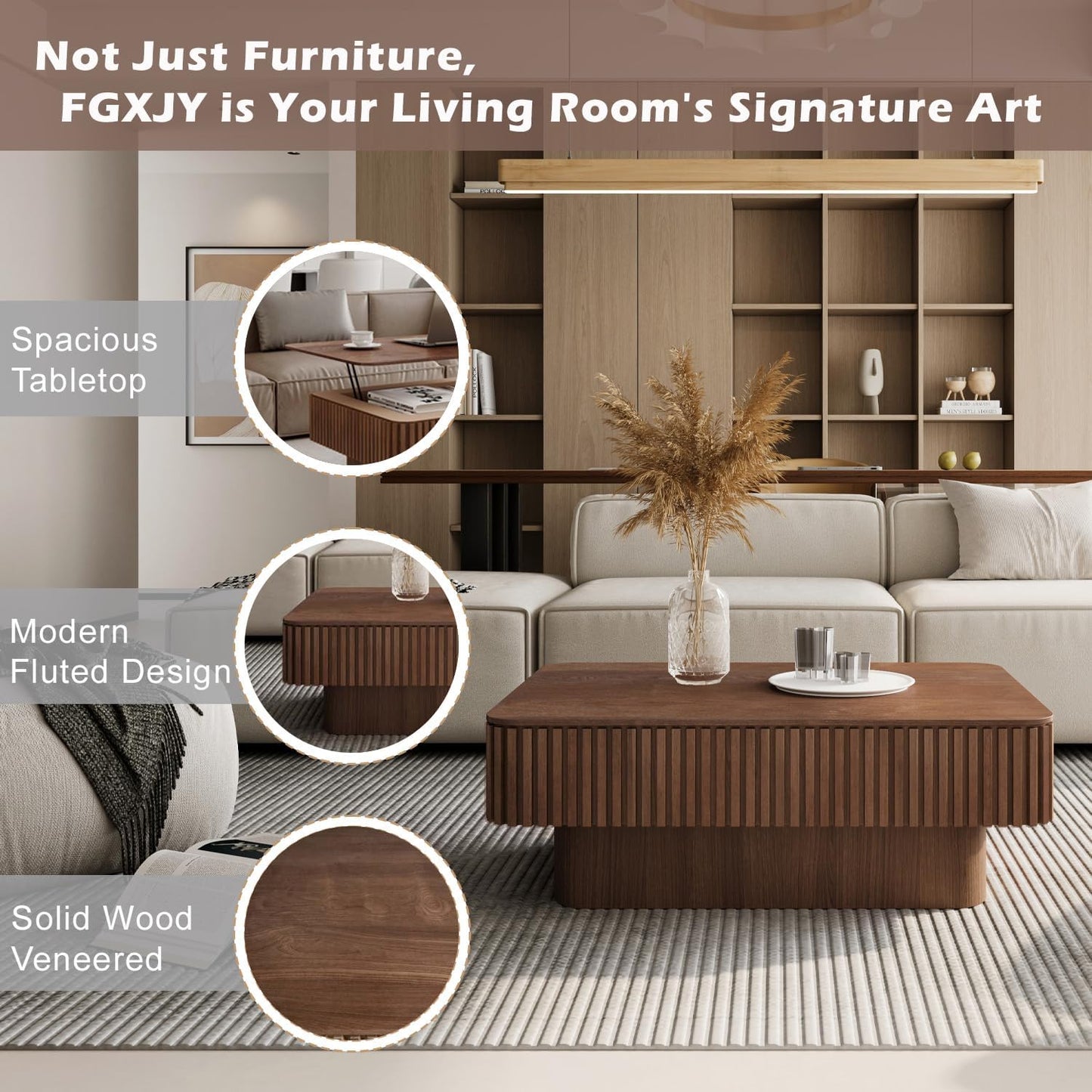 Lift Coffee Table with Storage & Adjustable Height, Solid Wood Coffee Table Fluted Center Table Accent Tea Table or Living Room, Apartment, Office (38.6" Walnut)