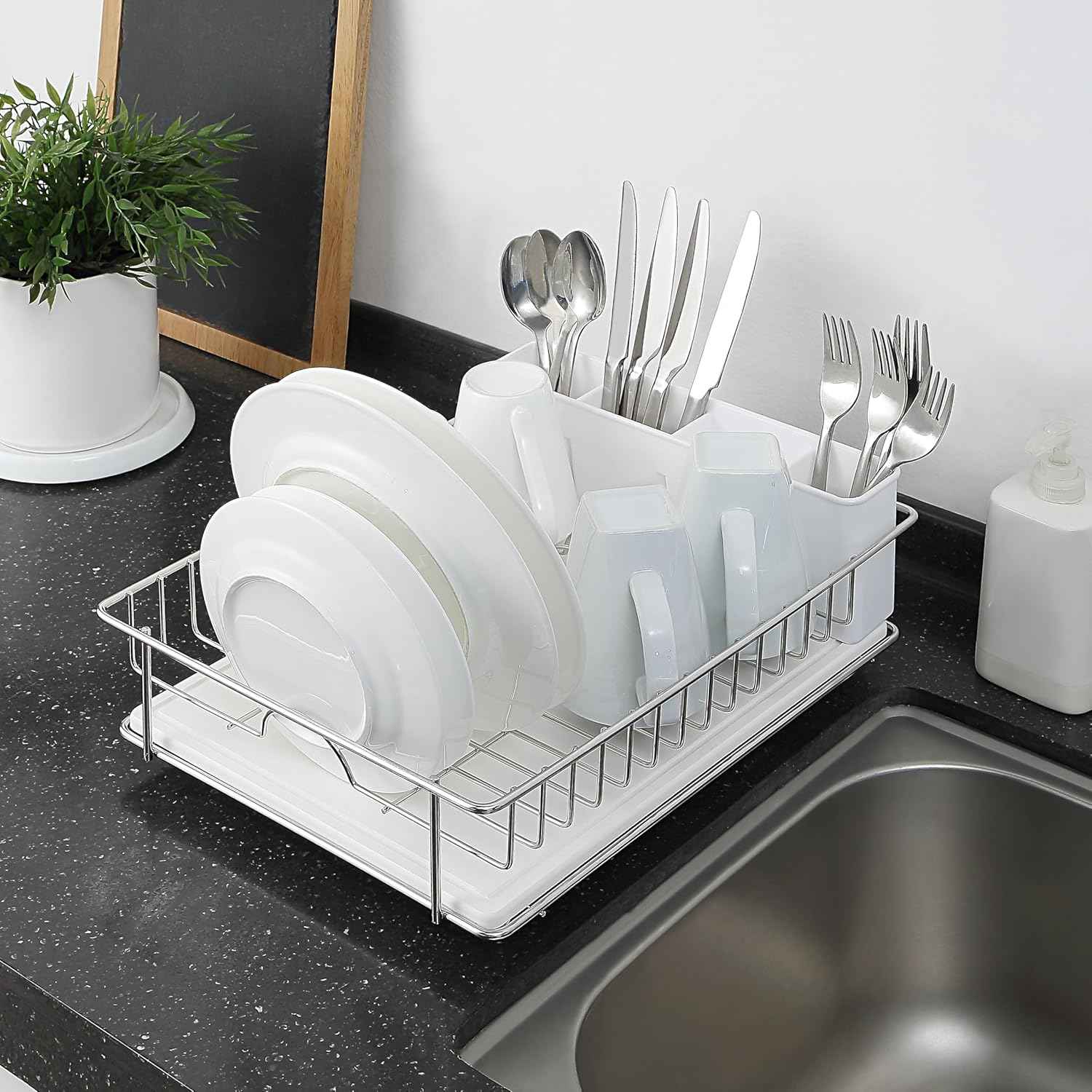 SunnyPoint 304 Stainless Steel Dish Drying Rack with Diatomaceous Earth Drainboard & Removable Utensil Caddy – Rust Resistant Countertop Dish Rack for Kitchen (Silvery-Grey)