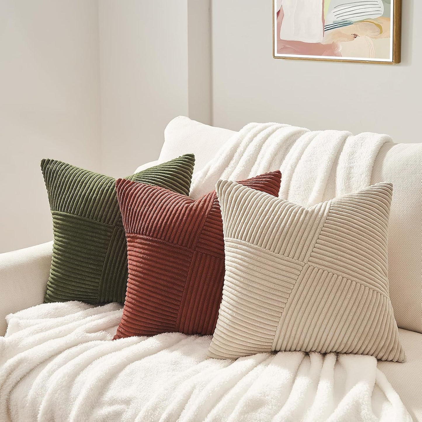 Topfinel Tan Decorative Throw Pillow Covers 18x18 Set of 2 Windmill Textured Striped Patchwork Pillow Covers Soft Corduroy Square Beige Cushion Cases for Couch Sofa Bed Boho Home Decor