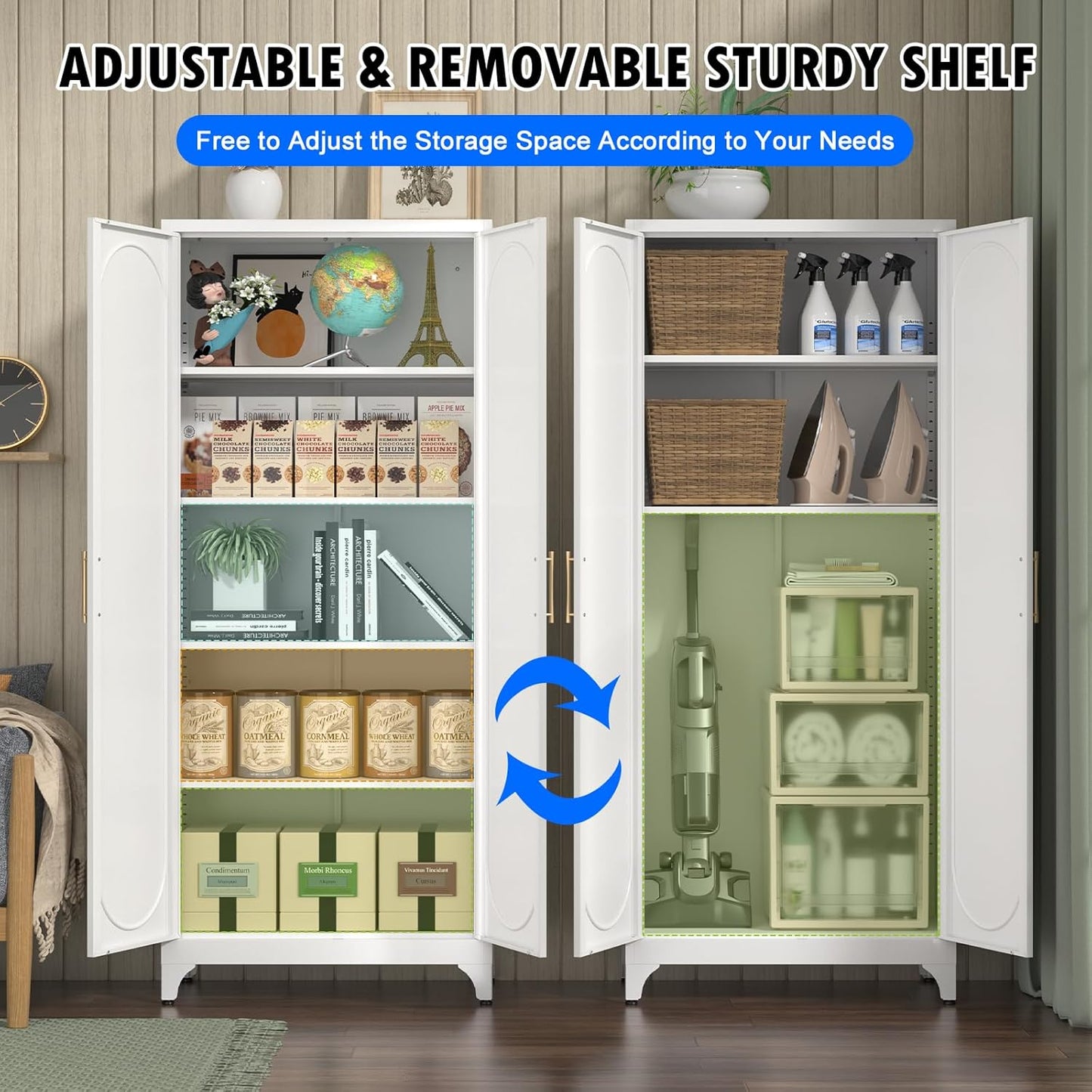 Metal Storage Cabinet with Doors and Shelves, 75 Inch Tall Kitchen Pantry Cabinet, Pantry Cabinets for Kitchen Storage, Freestanding Cupboard for Living, Dining Room, White, Assembly Required