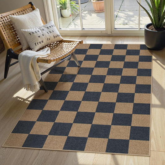 Lahome Checkered Easy Jute Indoor Outdoor Carpet, 3x5 Washable Rugs for Entryway Living Room Farmhouse Area Rug, Non Slip Blue Checkerboard Indoor Door Mat for Entry Patio Deck