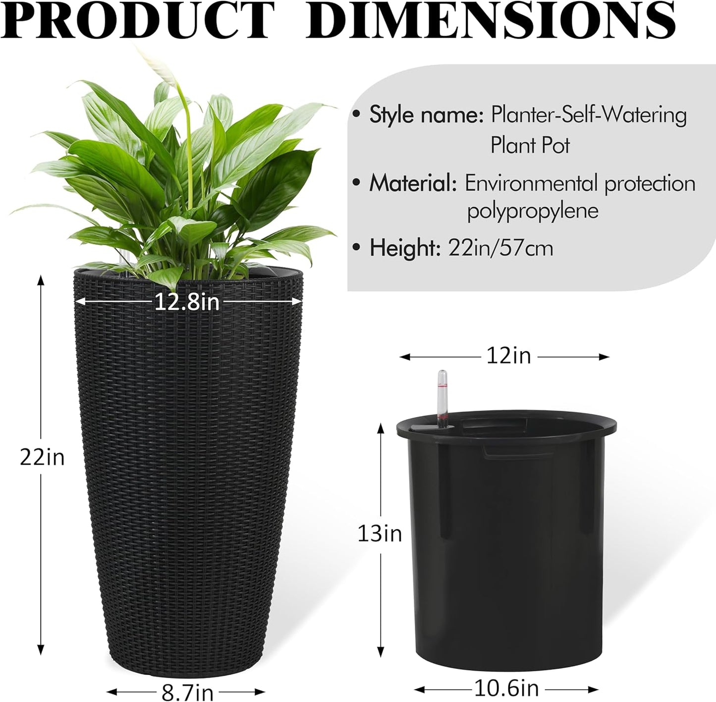 22" Tall Planter Set of 2, Large Self Watering Pots for Indoor/Outdoor Plants with Drain Holes, Water Level Monitor, Inner Bucket for Front Porch Patio, Black Rattan Conical