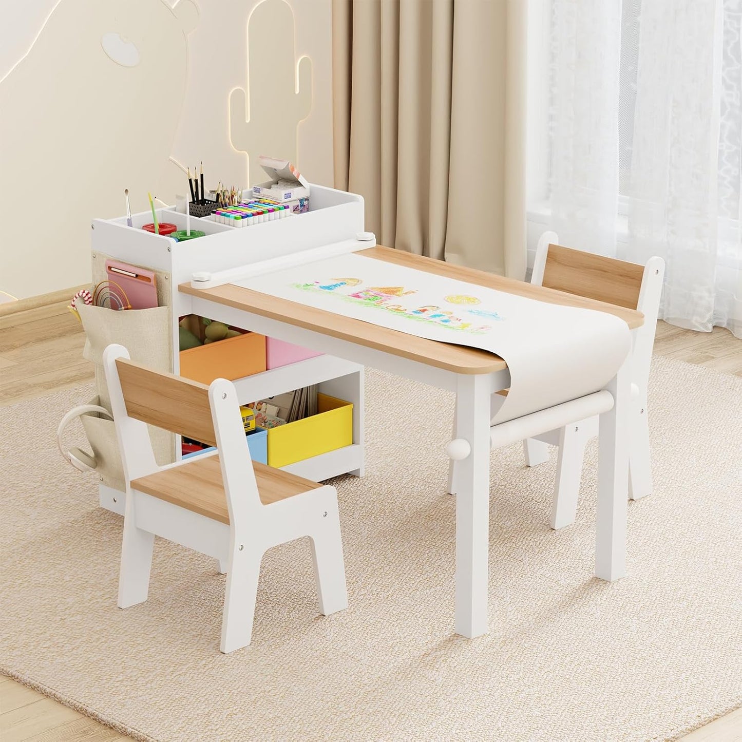 IKALIFE Kids Art Table and Chair - Toddler Craft Table and Chairs Set with 2 Chair & Bins, Large Storage Kids Activity Desk with Paper Roll for Playrooms & Classroom, 40" L x 20" W, Natural