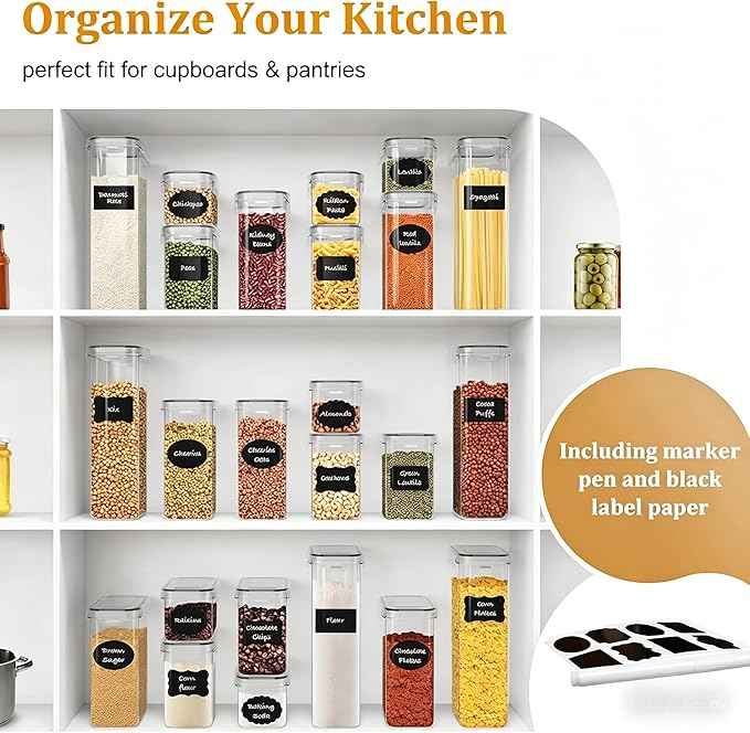 28 Pack Airtight Food Storage Containers with Lids, BPA Free Clear Pantry Storage Container for Kitchen Food Pantry Organizers and Storage, Plastic Pantry Organiser for Cereal,Flour and Sugar