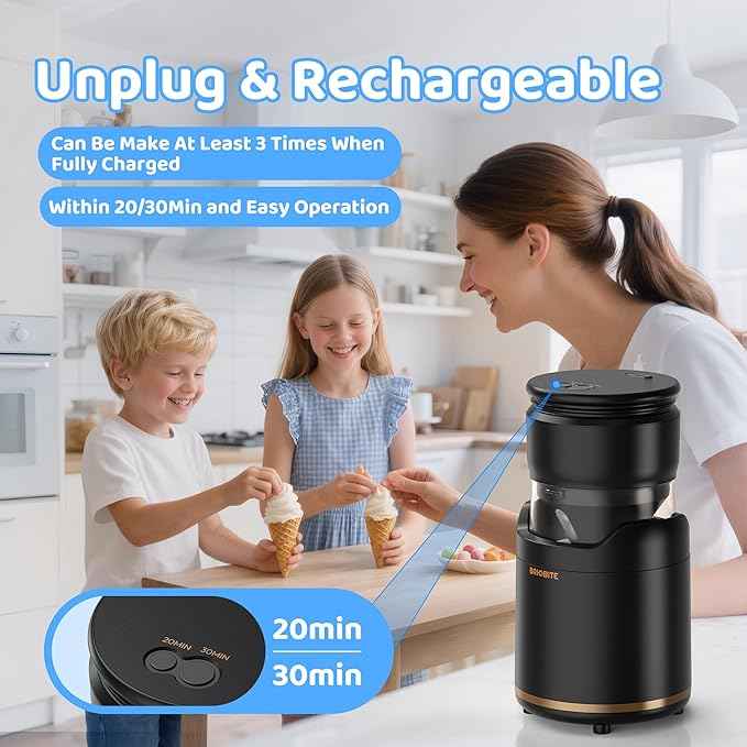 BRIOBITE Ice Cream Maker,Rechargeable Soft Ice Cream Machine with Low Noise,Compact for 1-2 Servings,Perfect for Sorbet,Gelato,Frozen Yogurt,Black