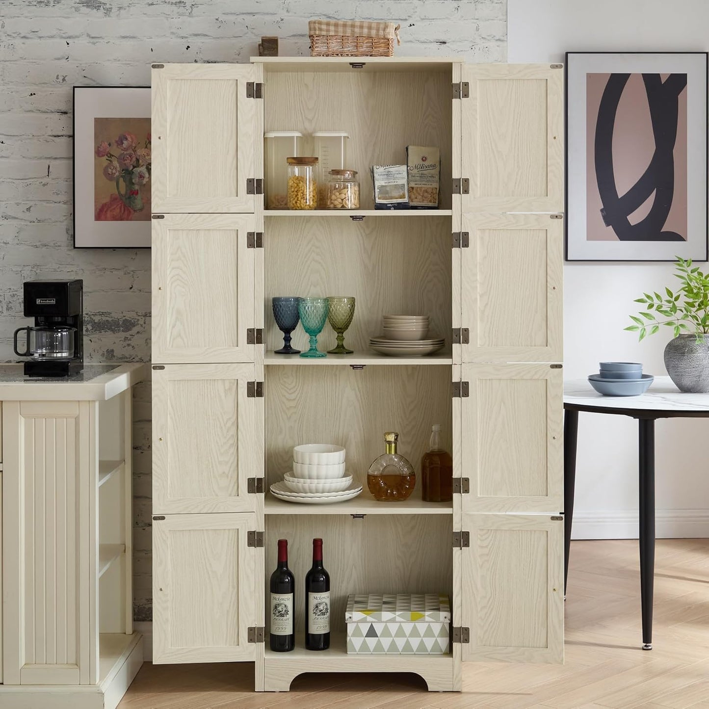 Farmhouse Tall Storage Cabinet with 8 Doors, 72" H Wooden Kitchen Pantry with 4 Shelves, 4-Tier Freestanding Bookshelf, Rack for Living Room (White & Style 2)