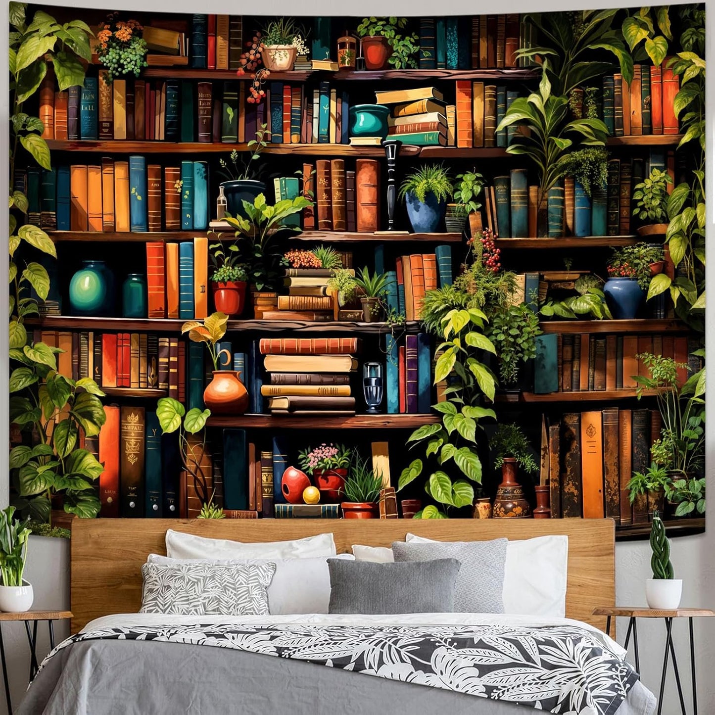 Accnicc Botanical Bookshelf Tapestry Lush Green Plant Book Shelf Tapestries Wall Hanging Art Vintage Retro Potted Plants Academics Library Book Tapestry for Bedroom Living Room Dorm 80 x 60 inch