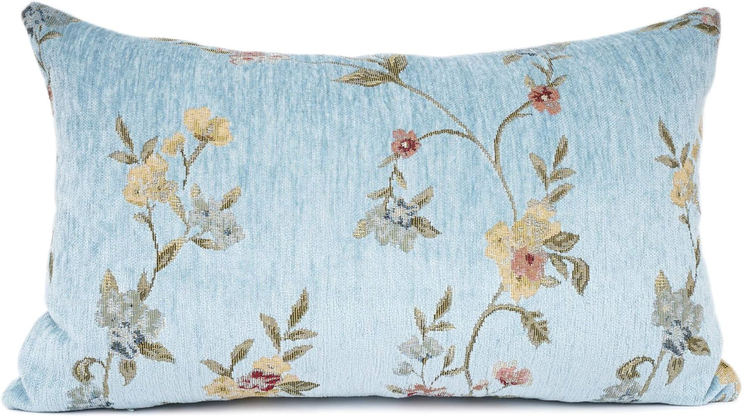 YOUR SMILE Classical Embroidery Jacquard Farmhouse Oblong Rectangle Chenille Teal Floral Pattern Decorative Throw Pillow Case,12x20 inch
