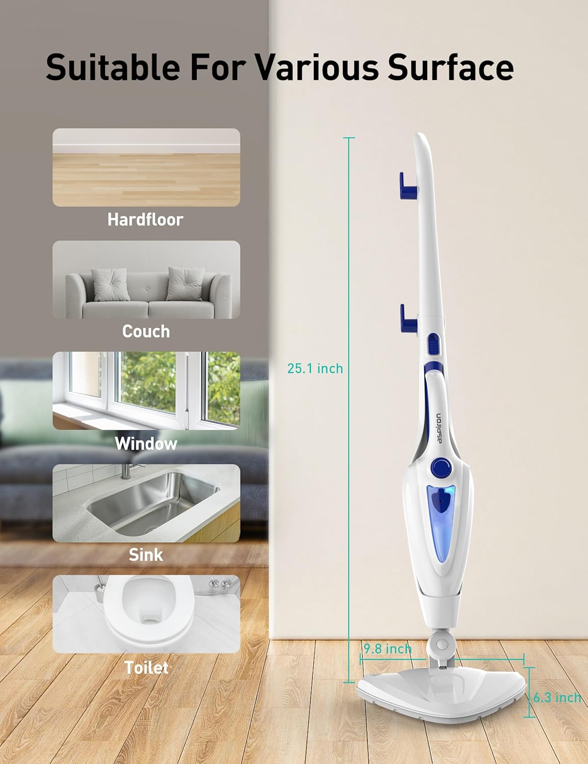 12-in-1 Steam Mop, Fast 15-Sec Heat-Up, 1500W Detachable Handheld Steam Cleaner with 2 Dirt Grip Pads, Removes 99.99% Stubborn Stains for Hardwood Floors, Clothes, Windows, Tiles, Furniture, White