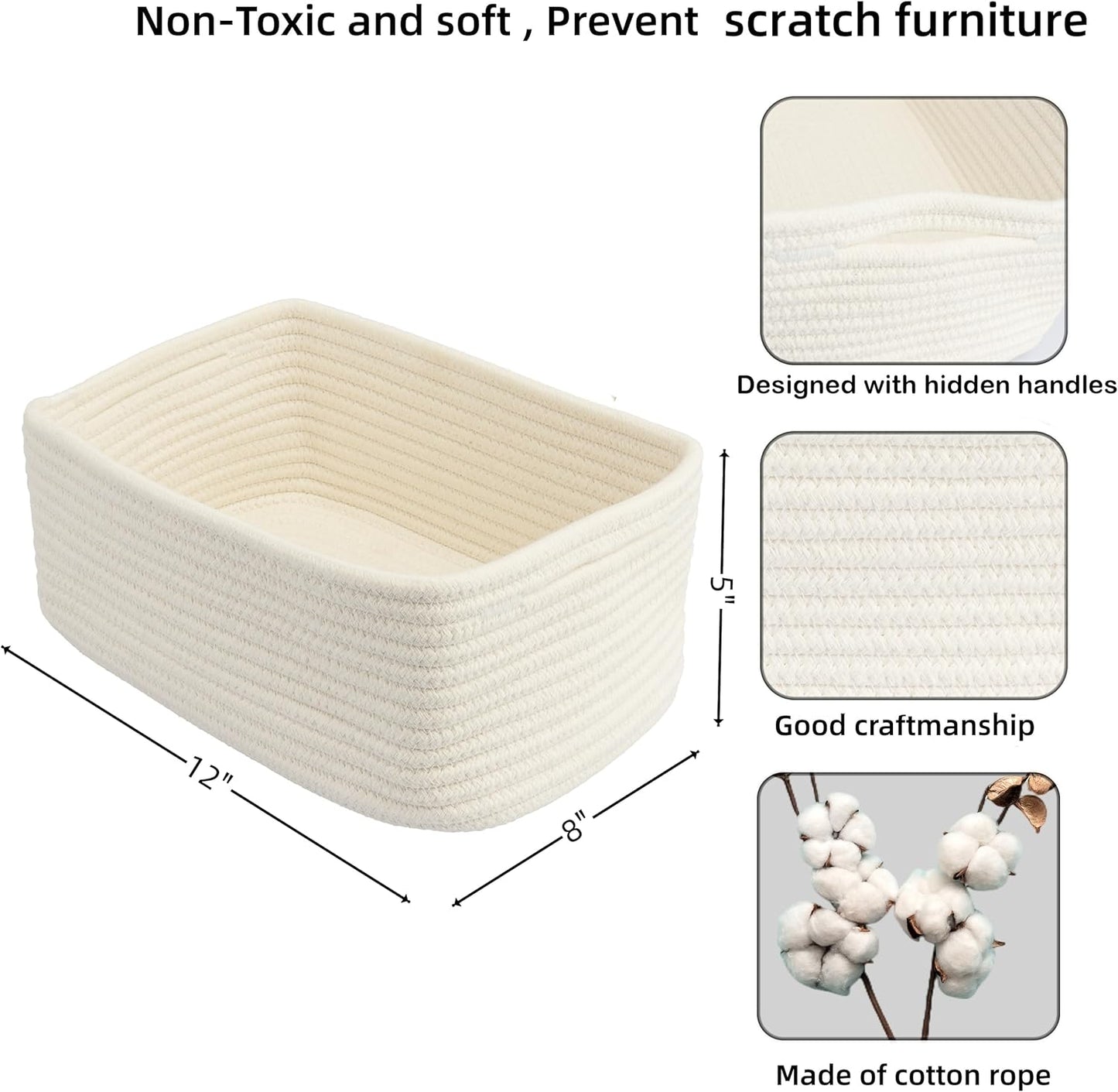 Small Woven Storage Baskets 12“X8”X5“ Decorative Rope Bins for Organizing Shelves, Closets, and Toys, Empty Gift Baskets, Cute Organizer Basket for Home and Office (white, regular)