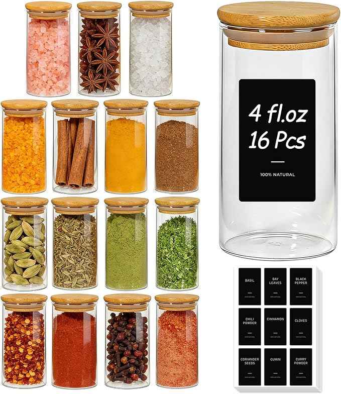 ComSaf Spice Jars with Label 4oz 16 Pack, Glass Spice Jars with Bamboo Lid, Mini Seasoning Containers with 54 Black Labels, Stackable for Kitchen, Pantry Organization, Loose Tea, Herbs, Powders, Salt