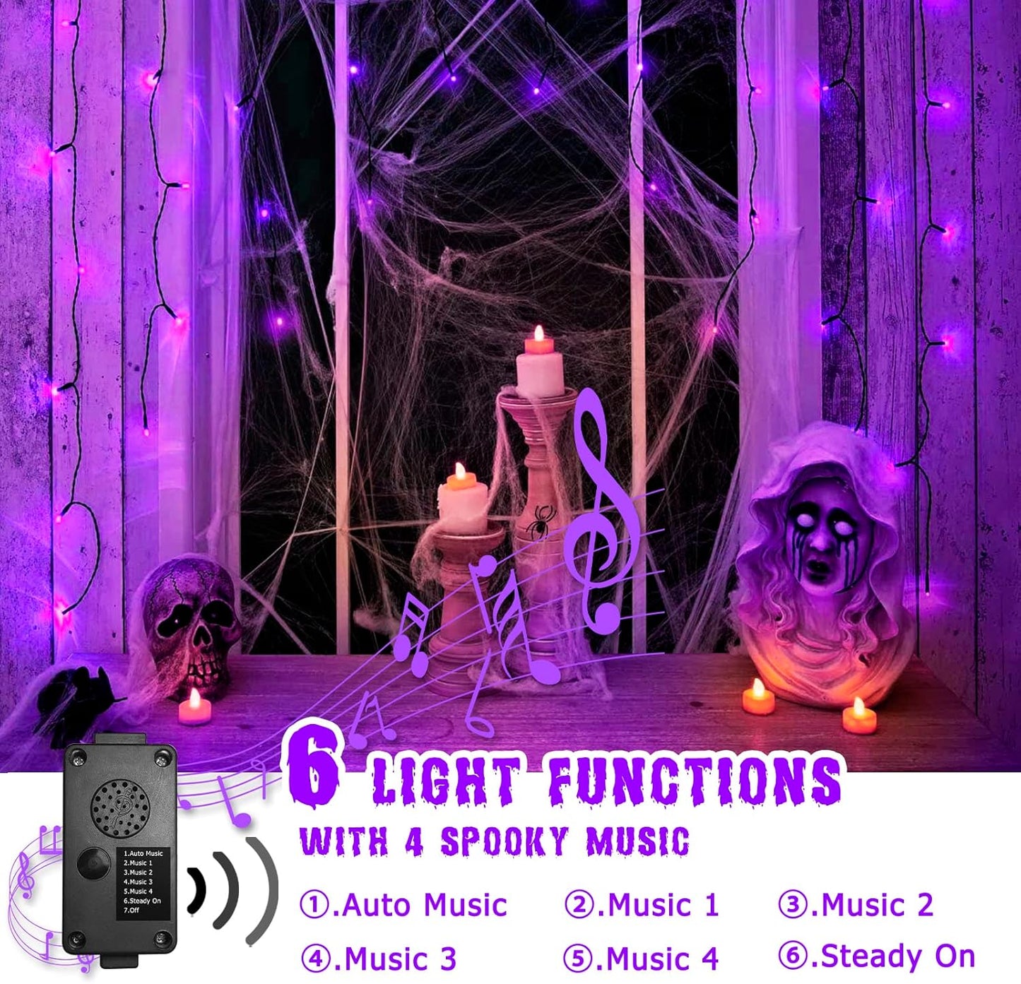 PEIDUO Halloween Decorations Outdoor, 82 FT 200 LED Purple String Lights, Motion Sensor Controller Sync with Spooky Music, Twinkle Fairy Lights for Outside Indoor Party Bedroom Halloween Decor