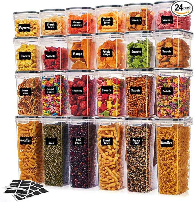 24 PCS Airtight Food Storage Containers with Lids, BPA Free Clear Plastic Kitchen and Pantry Organization and Storage Set for Flour, Sugar, Cereal, Pasta, Includes 24 Labels and Marker
