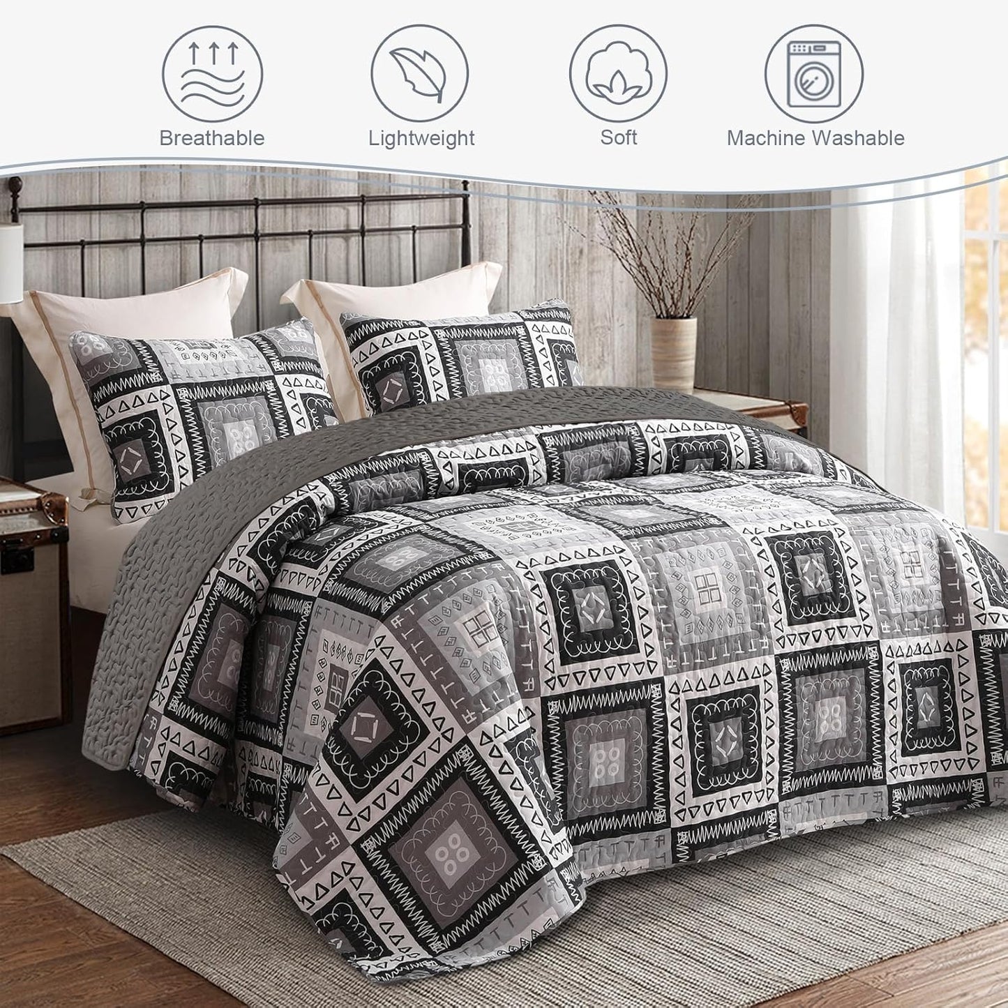 Exclusivo Mezcla Reversible Boho Quilt Set King Size, 3 Pieces Patchwork Black All Season Bedspreads, Ultra Soft Floral Coverlet Bedding Set with Printed Pattern (1 Quilt, 2 Pillow Shams)