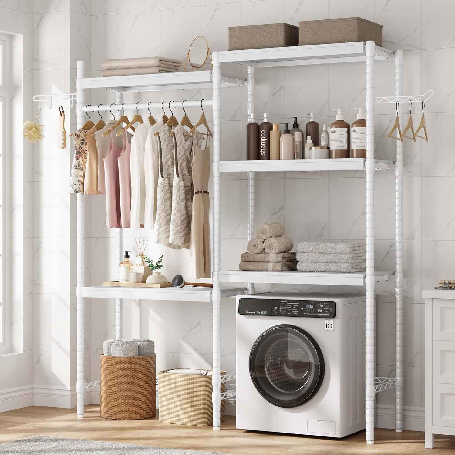 Heavy Duty 5-Tier Over-The-Washer Laundry Storage Shelf – Adjustable Height Organizer with Double-Layer Wood Shelves, 28" Space-Saving Rack for Laundry Room, White