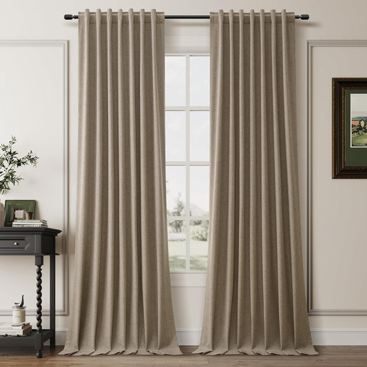 BOODII Matcha Brown Linen Blackout Curtains for Bedroom 84 Inch Length 2 Panels Set Room Darkening Curtains Black Out Curtain Neutral Thermal Insulated Living Room Winter Window Drapes Back Tab 52x84