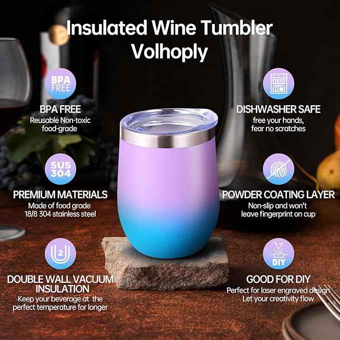 Volhoply 12oz Stainless Steel Wine Tumbler with Lid and Straw,Double Wall Vacuum Insulated Stemless Wine Glasses,Reusable Travel Coffe Mug for Cold Drinks,Tumblers Gifts for Women Men（Lavender,1 Set）