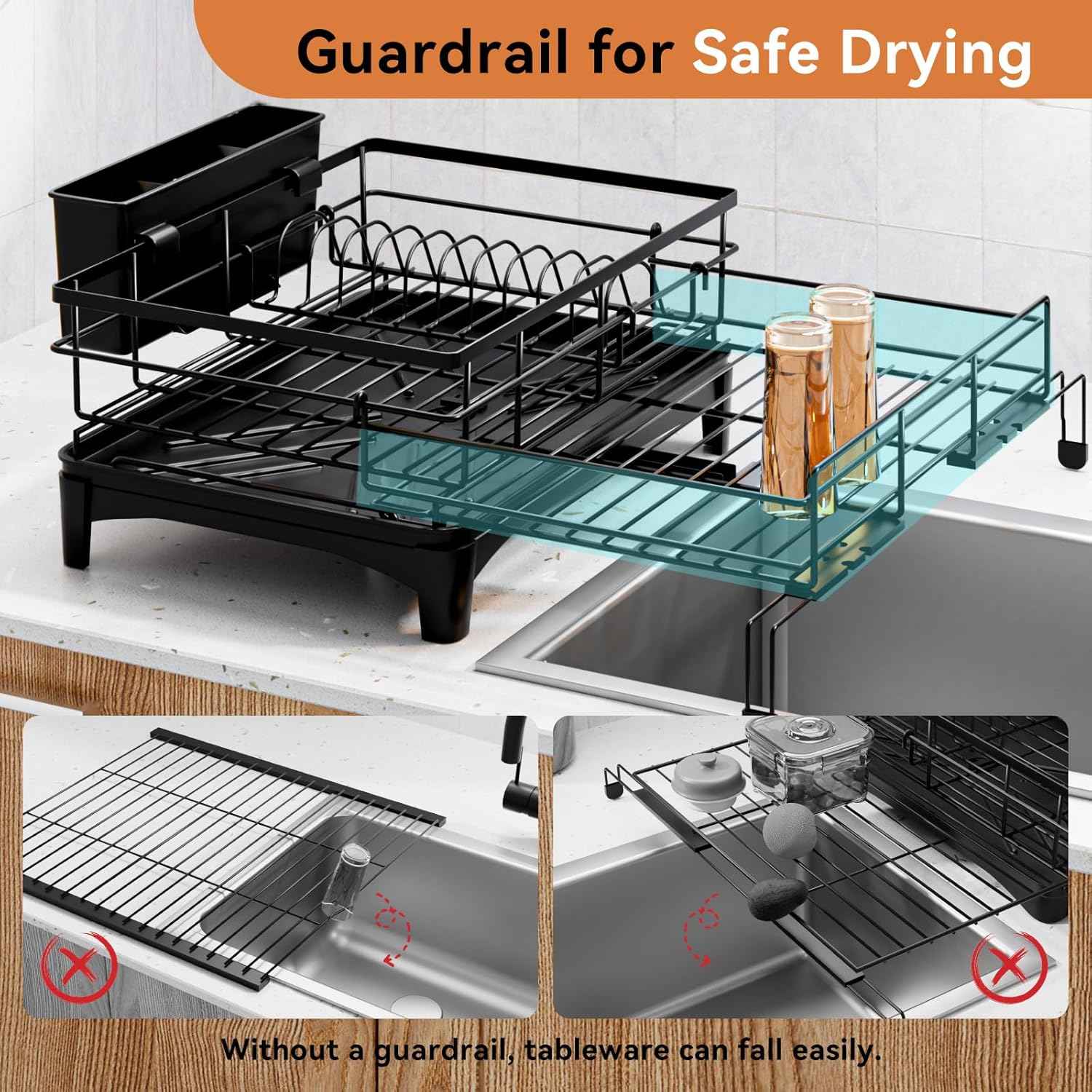 Laveshop Dish Drying Rack - Expandable Rack, Large Capacity Dish Drainer for Kitchen Counter, Rust-Proof with Utensil Holder, Black