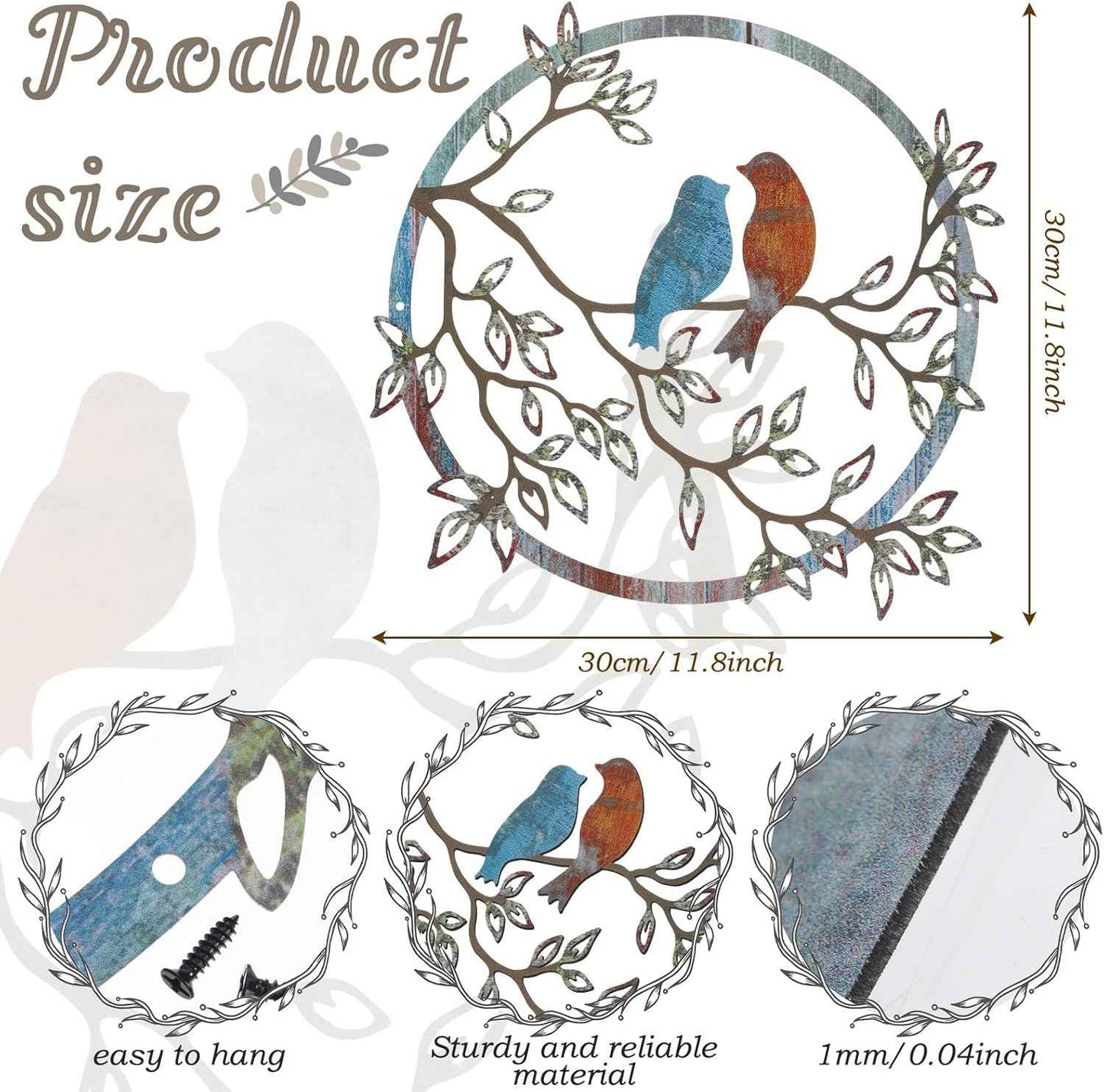 Ferraycle Metal Wall Art Bird on Tree Branch Silhouette Bird Hanging Ornament Porch Wall Decor for Living Room Outdoor Garden Bedroom Office Housewarming Party Decoration(Retro Color)