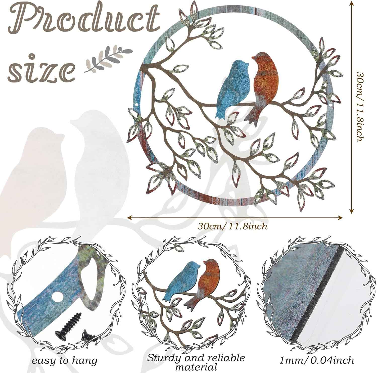 Ferraycle Metal Wall Art Bird on Tree Branch Silhouette Bird Hanging Ornament Porch Wall Decor for Living Room Outdoor Garden Bedroom Office Housewarming Party Decoration(Retro Color)