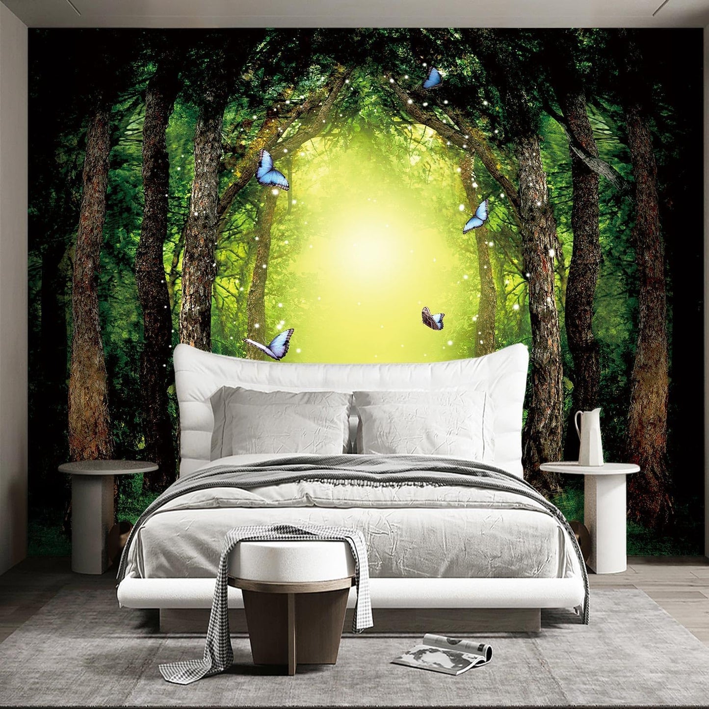Classy Dream Butterfly Forest Tree Wallpaper for Bedroom Jungle Woodland Wall Mural Living Room Large Woods Adhesive Fabric decorr - 160"x108"（Not Peel and Stick）