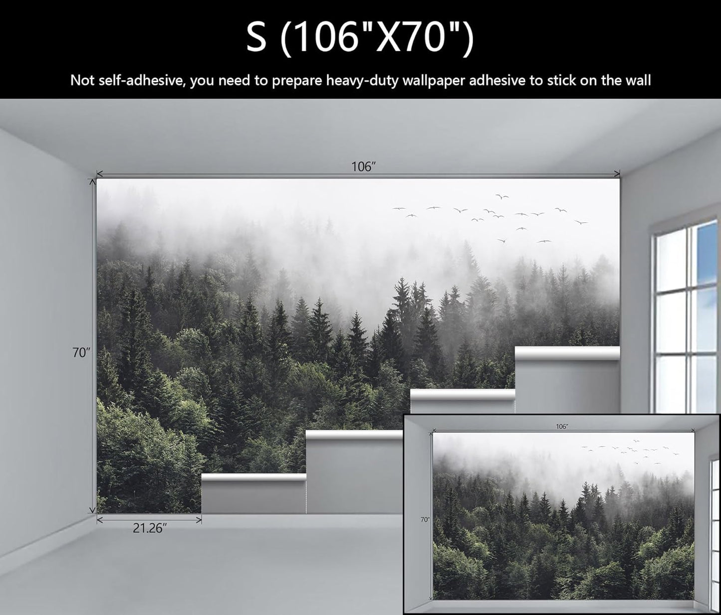 WFBHUA-Foggy Forest Woodland Wallpaper Green Nature Landscapes Wall Murals for Bedroom Living Room(Not Peel and Stick)