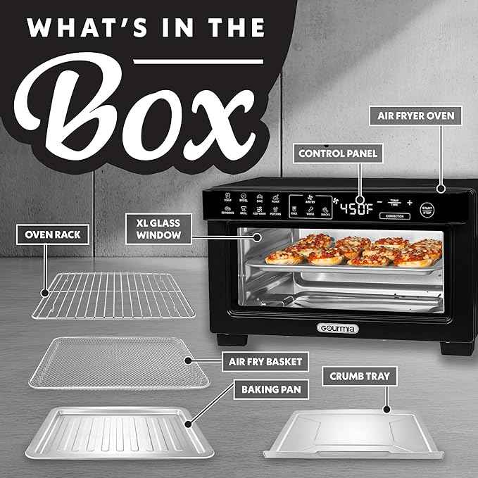 Gourmia Toaster Oven Digital Air Fryer - Convection Mode with 4 Slice Capacity, 3 Rack Positions, 12 Presets, Toast, Bagel, Bake, Roast, Broil, Dehydrate, Popcorn, Fits 9" Pizza, Black